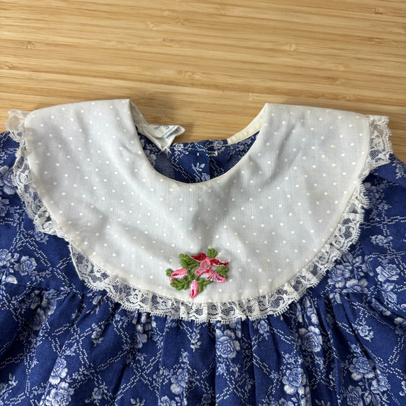 Vintage Mini World Girls Dress Size 3 Floral Lace Peter Pan Collar Blue USA Made - Picture 4 of 11